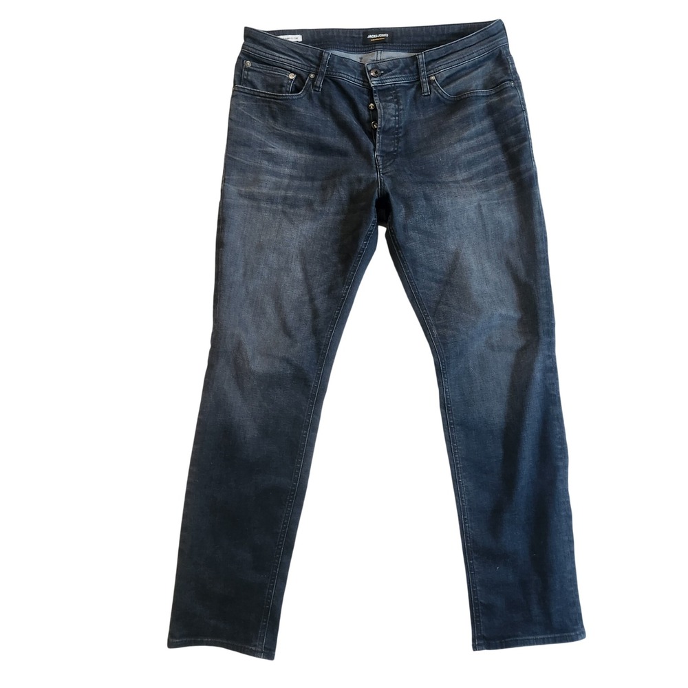 JACK JONES Mens Slim‎ Straight Jeans Dark Wash Button Fly Size 32x34